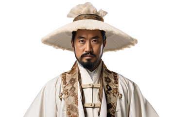 Fototapeta premium Portrait of a man in traditional attire, showcasing cultural heritage against a white isolated background.