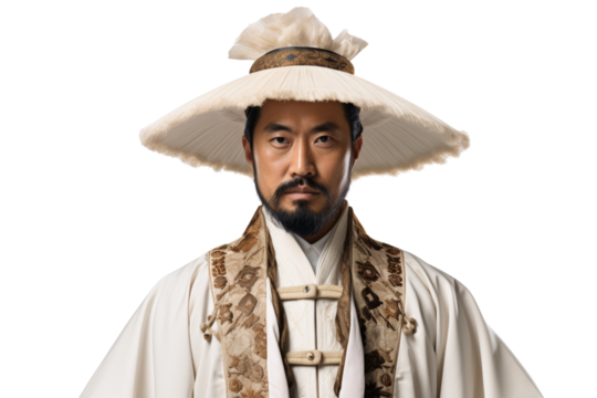 Portrait of a man in traditional attire, showcasing cultural heritage against a white isolated background.