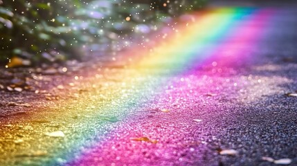 A vibrant rainbow appears on a path, surrounded by greenery and sparkling light.