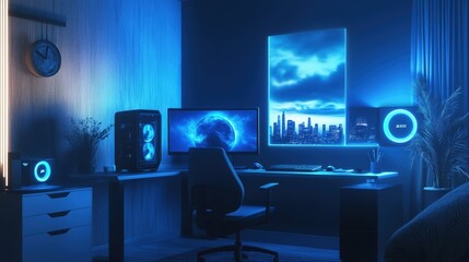 Naklejka premium Blue-lit gaming room with cityscape window.