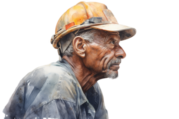 Portrait of a seasoned miner wearing a hard hat, exuding wisdom and experience, against a clear, white background.