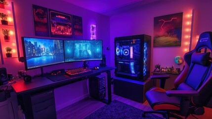 Naklejka premium Gaming setup with RGB lighting and a gaming chair.