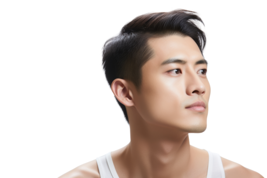 Portrait of a young man looking thoughtfully to the side against a white isolated background.