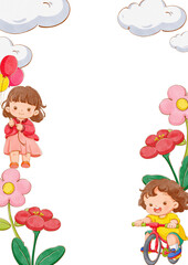 A girl walks with a balloon while another girl rides a bicycle among blooming red and pink flowers, under a bright white cloud atmosphere, hand-drawn watercolor painting frame design
