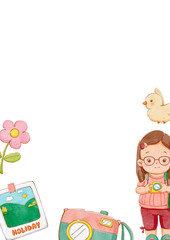 A long-haired girl wearing glasses stands taking photos, with birds flying by, holding a camera and a polaroid picture, surrounded by blooming pink flowers, hand-drawn watercolor painting frame design