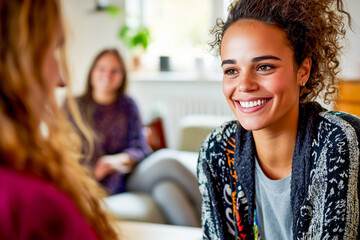 A young woman smiles warmly while having a conversation with friends in a cozy indoor setting.