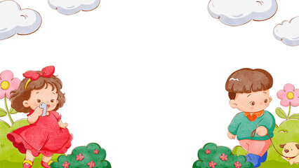 A girl in a red dress takes photos with her phone while a boy walks a dog in a garden filled with blooming bushes and flowers, hand-drawn watercolor painting frame design