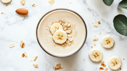 Delicious bowl of banana smoothie topped with oats and almonds, placed on a marble surface, surrounded by fresh banana slices and nuts.