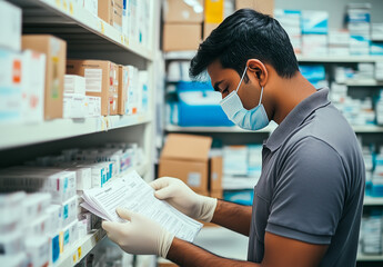 A young man in a mask is checking documents in a pharmacy stockroom.