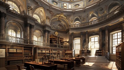 Library interior with bookshelves and tables