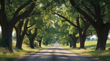 Fototapeta premium A road through a canopy of trees.