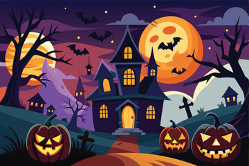 Halloween vector illustration background of celebrating a Halloween party. The scene is filled with a haunted house, pumpkins, bats. Halloween banner design template