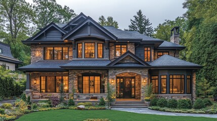 Fototapeta premium Elegant stone and wood house with landscaped yard at dusk.