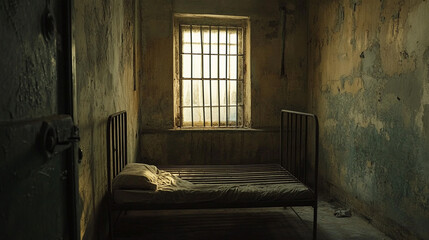 A stark prison cell featuring a single metal bed, a small barred window, and concrete walls, evoking a sense of isolation and confinement
