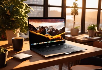 Fototapeta premium sleek laptop chic travel desk setup featuring modern accessories organized stationery productive work anytime anywhere, organization, workspace, technology