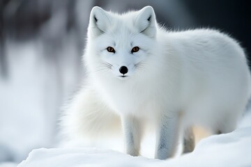 Naklejka premium A close-up of a white fox in a snowy landscape, showcasing its fur and striking eyes.