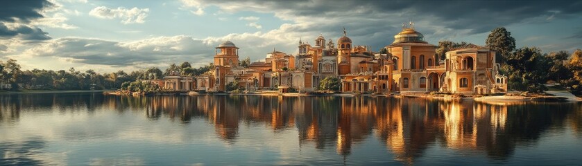 Naklejka premium A magical cityscape, imaginative culinary creations shaped as buildings, surreal reflections in a dreamy lake