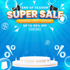 Gradient super sale banner design template with podium isolated on abstract background