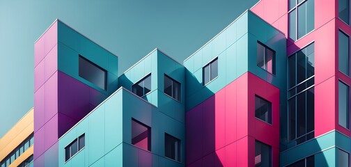 minimalist architectural rendering of modern buildings in simple and clean geometric forms and vibrant colors