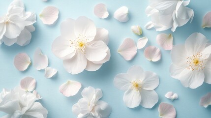 Fototapeta premium Delicate white flowers and pink petals arranged on a soft blue background, creating a serene and elegant design
