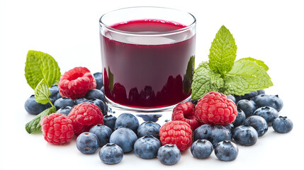 Fresh berry juice in a glass surrounded by juicy raspberries, blueberries, and green mint leaves on a white background.