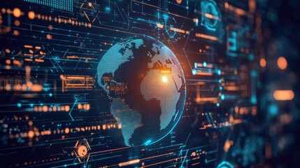 Fototapeta premium Digital globe with Africa illuminated, surrounded by futuristic data lines and tech symbols on a dark, technology-inspired background.