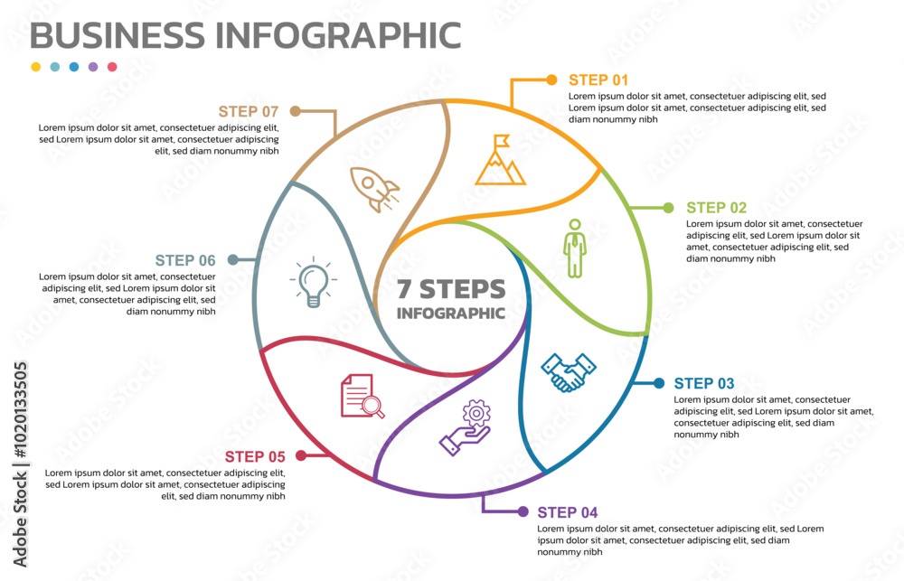 Poster Visual data presentation. Cycle diagram with 7 options. Pie Chart Circle thin line infographic template with 7 steps, options, parts, segments. Business concept. Marketing infographic outline style.