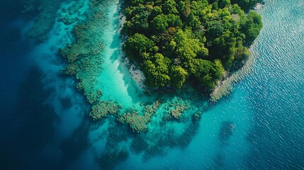 Drone shot of a tropical island with clear waters and coral reefs