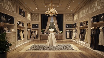 Elegant bridal boutique interior with stunning dresses displayed.