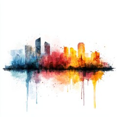 Obraz premium Watercolor painting of a city with skyscrapers melting like wax, on isolated white background