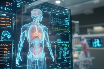 man's body is displayed on a computer monitor. The image is of a man's skeleton and organs, and it is displayed in a hospital setting. Concept of medical technology