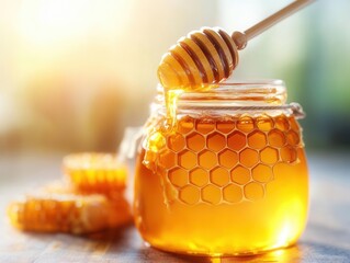 Honeycomb Honey Jar With Dipper and Sunlit Background