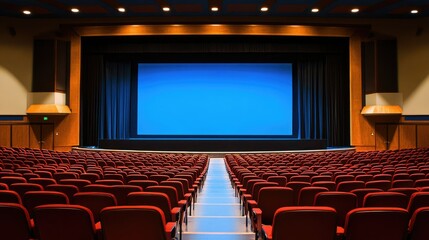 Fototapeta premium Empty auditorium with a big blue screen, chairs neatly aligned, awaiting an audience