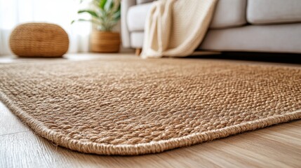 Close-up of a woven beige rug in a cozy living room. Natural texture and earthy tones, minimalist home decor.