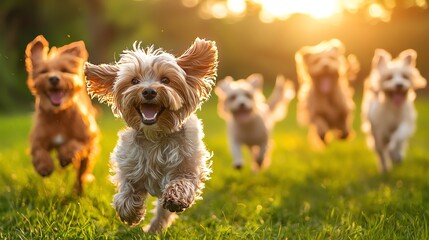 Five happy dogs running through a grassy field at sunset.