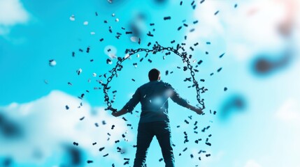 An illustration of a person breaking free from chains and embracing their true potential, representing the power of self belief and the fight for personal liberation.