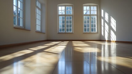 Fototapeta premium Empty room bathed in natural light, soft shadows and reflections dancing across the polished floor