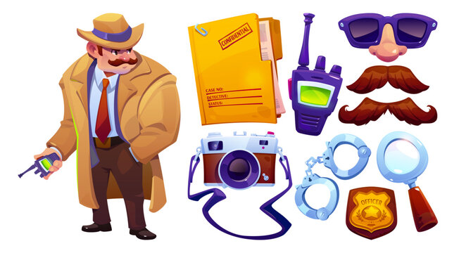 Detective spy in hat. Private inspector equipment icon set. Police investigate crime with camera, magnifying glass. Man holding secret radio transmitter. Agent in overcoat isolated illustration