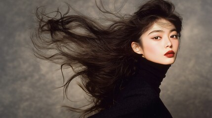 Naklejka premium Young Asian woman with long black hair and soft expression posing against beige background. Modern beauty standards, fashion photography trends, minimalistic portrait.