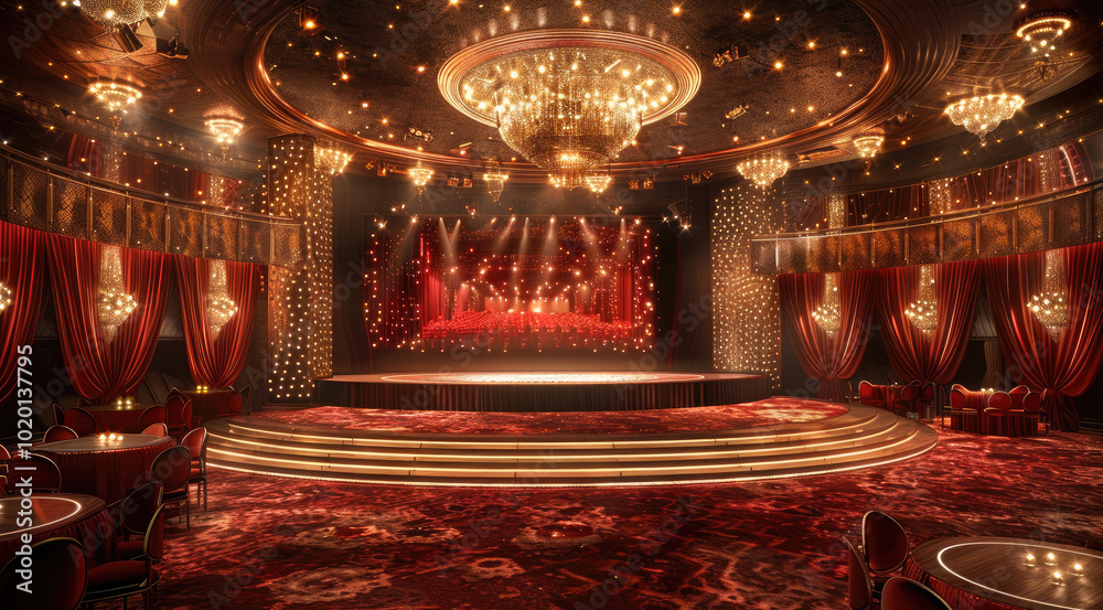 Poster A banquet hall, with a stage in front. The stage to have a led screen and bulbs on the ceiling. walls and drapes. The floor is carpeted in red and there are seating and cocktail tables all around.