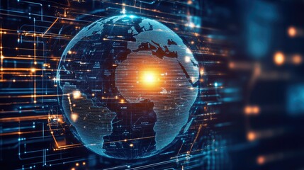 Obraz premium Futuristic digital globe with Africa illuminated. Data streams flow around, with tech symbols surrounding it on a dark, glowing background.