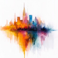 Obraz premium Watercolor painting of a cityscape reflected in water with the reflections melting and distorting, on isolated white background