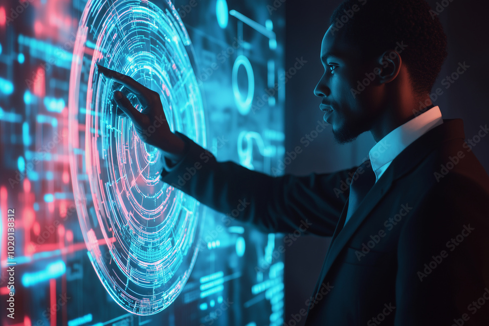 Aufkleber man is pointing at a glowing circle on a computer screen. the circle is surrounded by a series of li