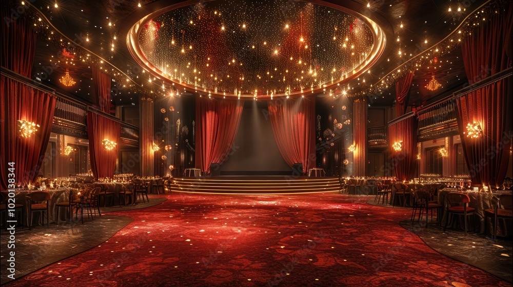 Aufkleber A banquet hall, with a stage in front. The stage to have a led screen and bulbs on the ceiling. walls and drapes. The floor is carpeted in red and there are seating and cocktail tables all around.
