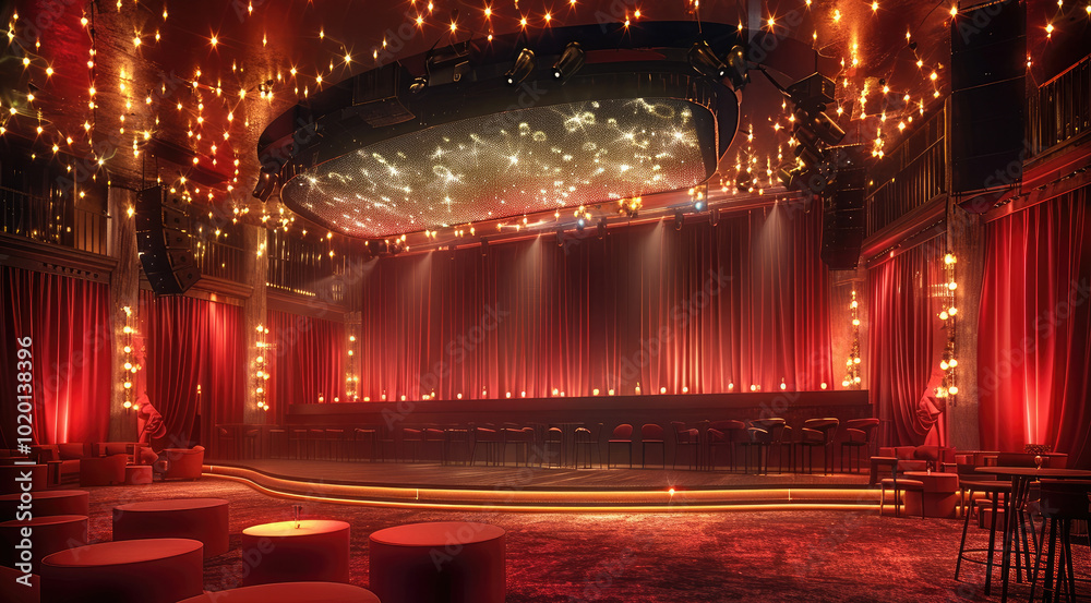 Aufkleber a banquet hall, with a stage in front. the stage to have a led screen and bulbs on the ceiling. wall