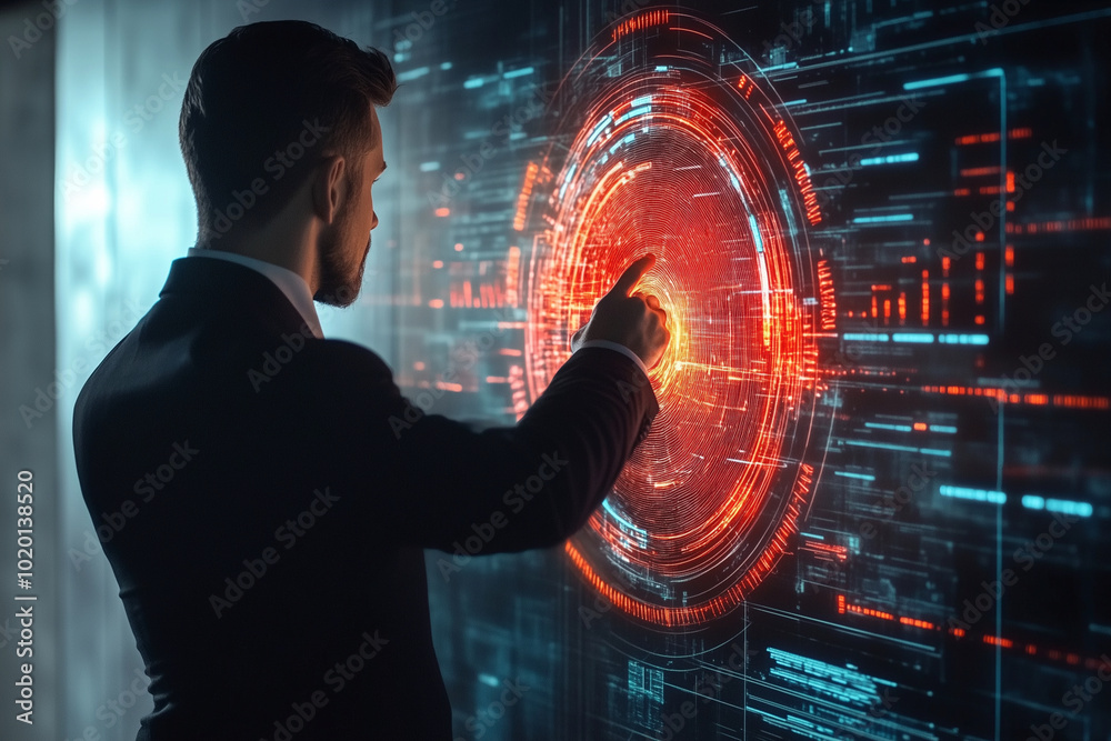 Aufkleber man is pointing at a glowing circle on a computer screen. the circle is surrounded by a series of li