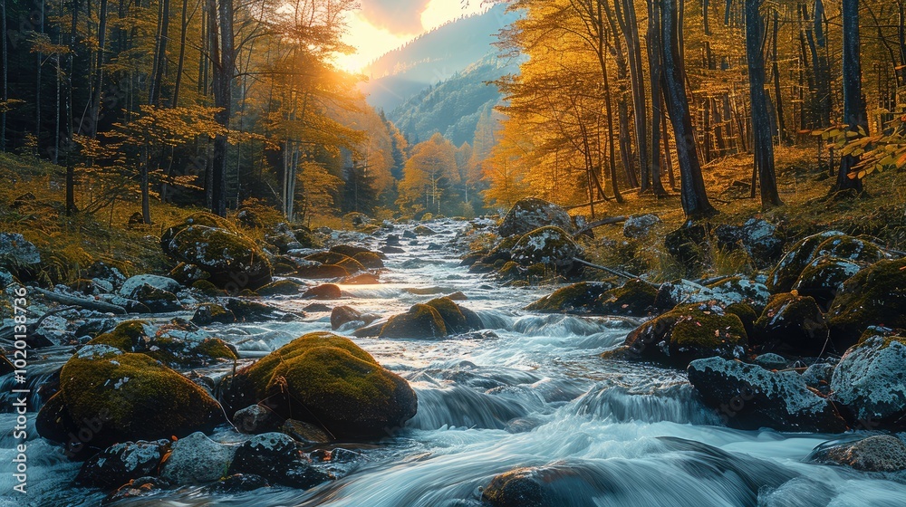 Poster The stream flows down the mountain, with rocks and moss on both sides of it. The trees in autumn at sunrise glow with a golden light, and the mountains covered by forests in the distance stand behind.