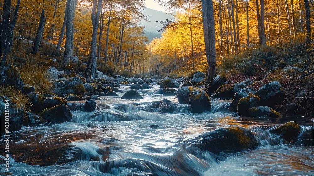 Poster The stream flows down the mountain, with rocks and moss on both sides of it. The trees in autumn at sunrise glow with a golden light, and the mountains covered by forests in the distance stand behind.