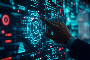 Fototapeta premium man is touching a blue circle on a computer screen. The circle is surrounded by a blue and orange border. The man is wearing a suit and tie