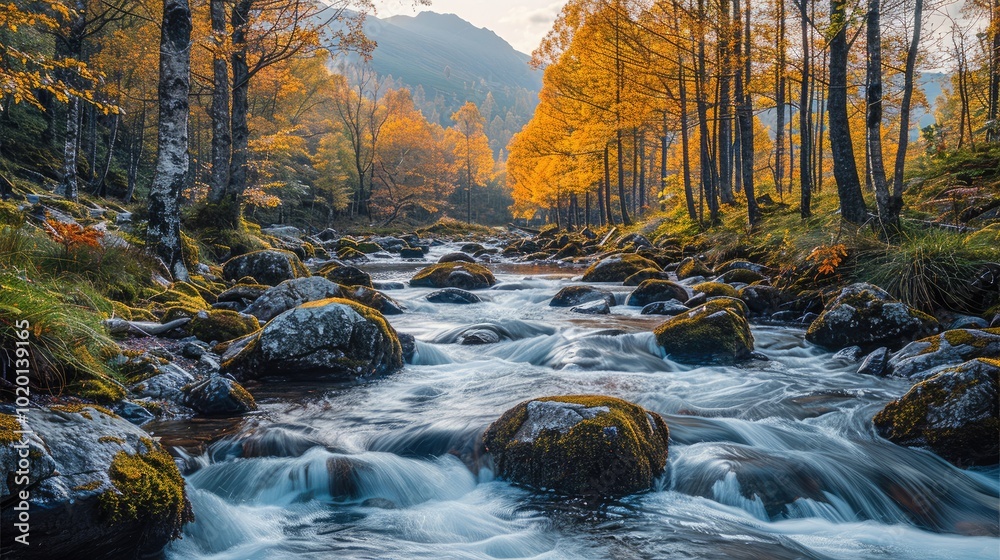 Aufkleber the stream flows down the mountain, with rocks and moss on both sides of it. the trees in autumn at 